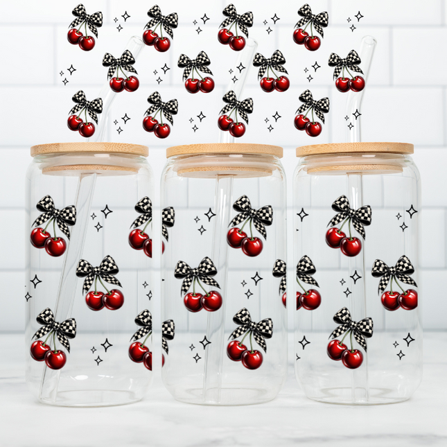 Checkered Cherry Bow, UV Wrap, Coquette Cherry, Retro