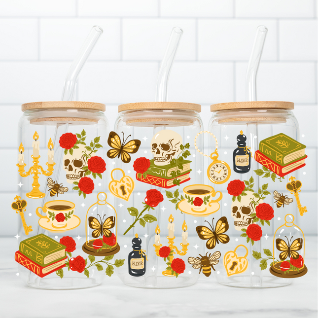 Halloween Skull, Gothic, Red Rose, Witchy, UV Wrap, Spooky Season