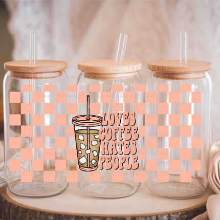 Loves Coffee Hates People, 16oz Cup Wrap, UV DTF, Decal, Coffee, Checkered