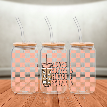 Loves Coffee Hates People, 16oz Cup Wrap, UV DTF, Decal, Coffee, Checkered