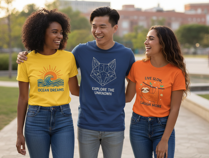 3 friends modeling graphic tshirts