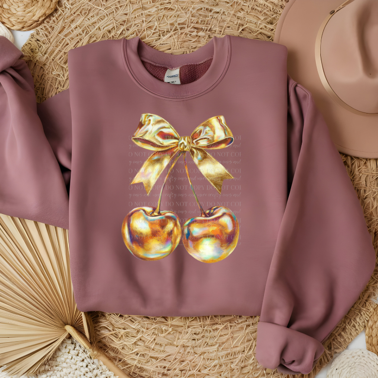 Gold Cherry, Coquette Aesthetic, Cherry Bow, PNG