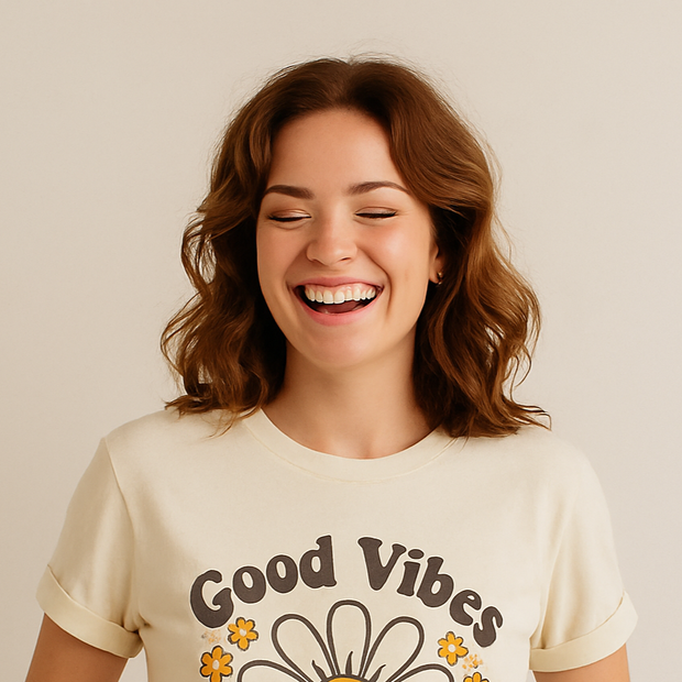 Woman wearing a 'Good Vibes' t-shirt with a sunflower graphic on a beige background